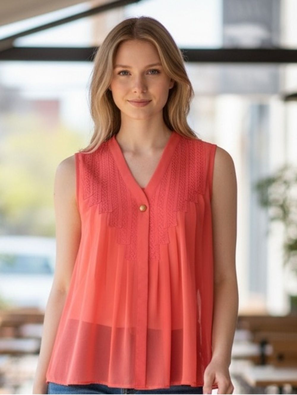 NWT Gianni Bini Coral Sleeveless Blouse with Lace Detail